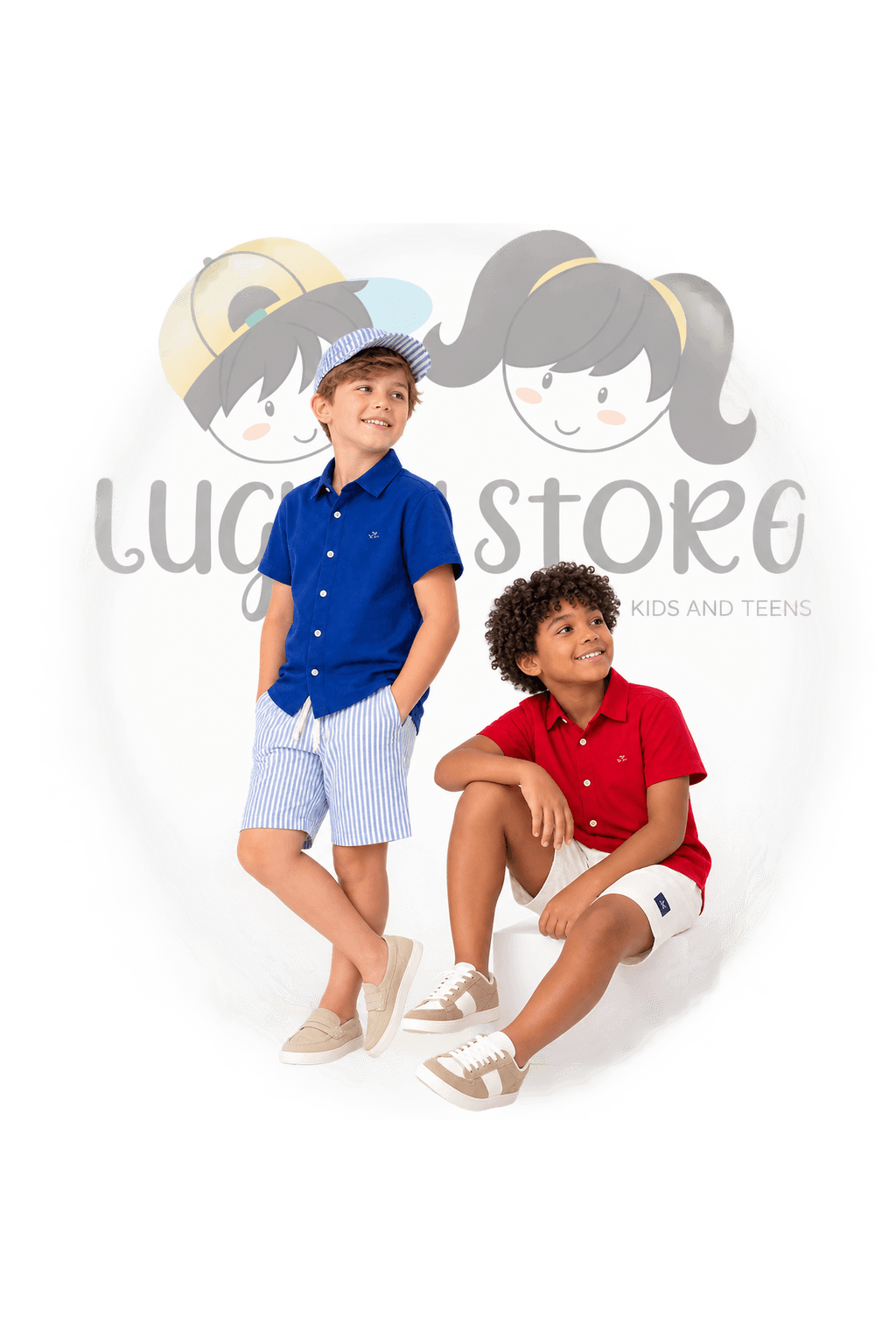 Dois meninos de polo azul e vermelha, bermuda listrada e tênis